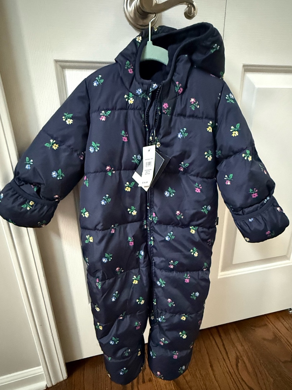Baby GAP Navy Floral Hooded Puffer One-Piece Pajamas NEW
